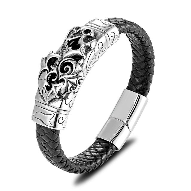 Gold Lion Punk Stainless Steel with Leather Rope Design Men Bracelet