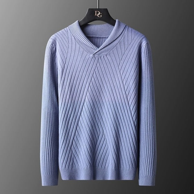 Solid Color Diagonal Knitted V-Neck Sweater