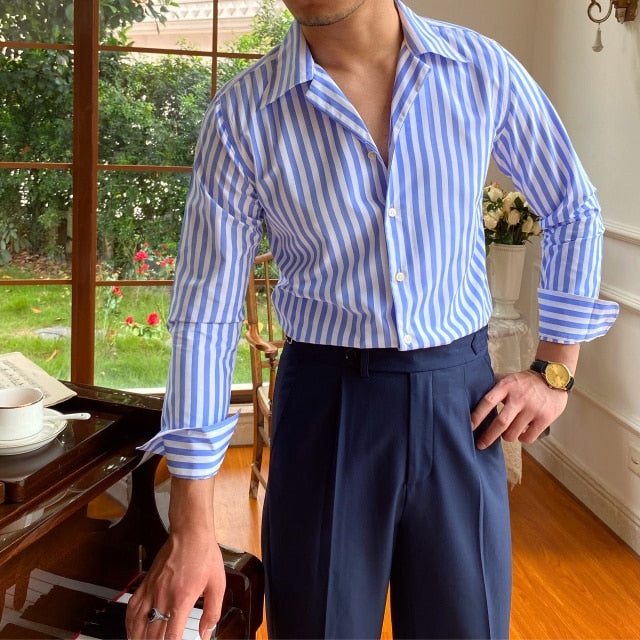 Cuban Collar Vertical White Stripes Decorated Shirt