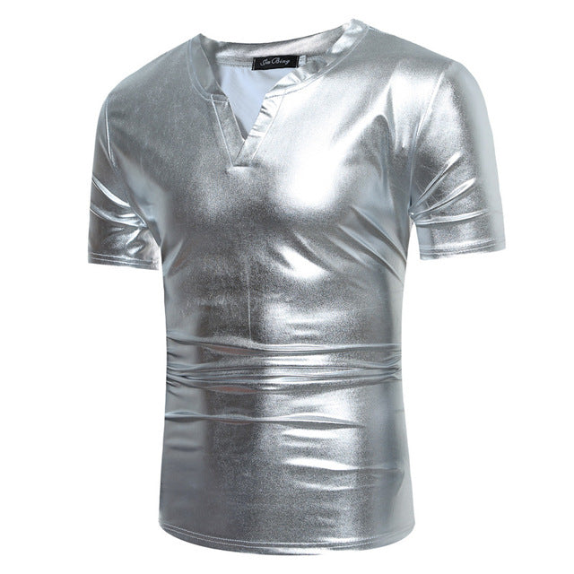 Shiny Coated Metallic V-Neck Casual Style Men T-Shirt