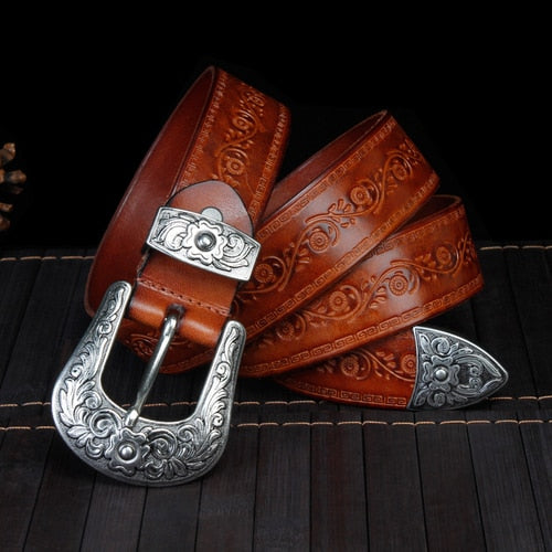 Retro Flower Embossed Pin Buckle Belt