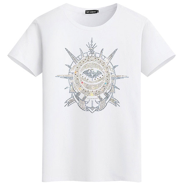 Rhinestone Solid Cotton Short-Sleeved T-Shirt