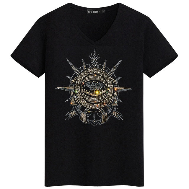 Rhinestone Solid Cotton Short-Sleeved T-Shirt