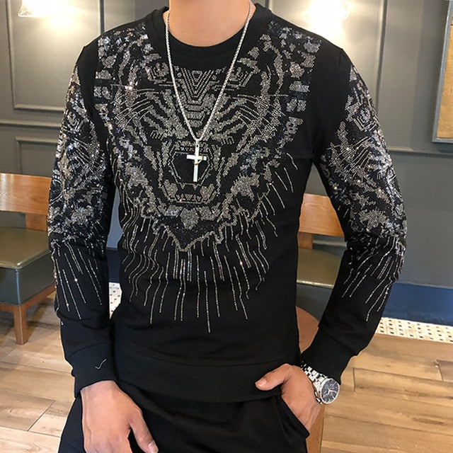 Black with Tiger Head Sequin Long Sleeves Casual Men Sweatshirt