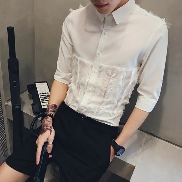 Fur Lace Patchwork Detail Dress Style Men Slim Fit Shirt