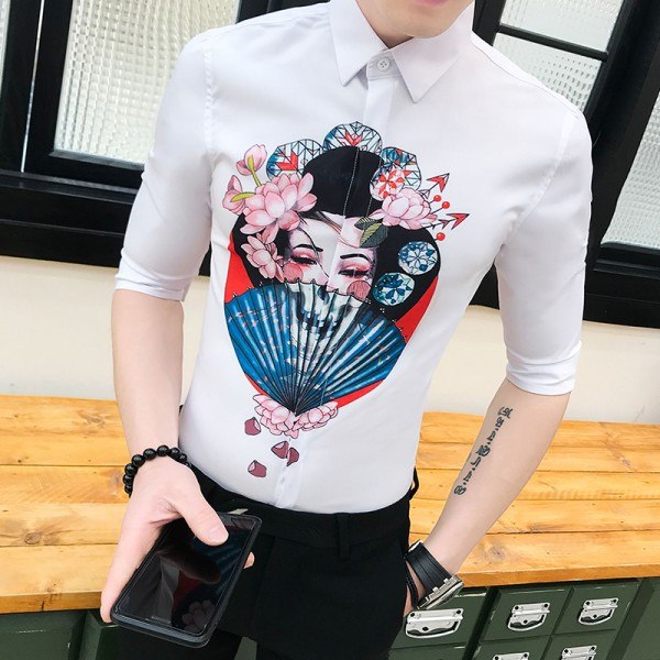 Japanese Beauty Lady Print Men Slim Fit Shirt