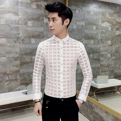Sexy Plaid See Through Slim Fit Style Men Shirt