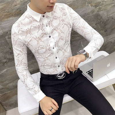 Petal Leaves Stylish Lace Long Sleeve Design Men Shirt