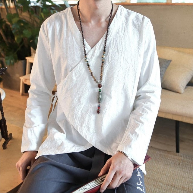 Chinese Asymmetric Lining Tied Long Sleeve Casual Style Men Shirts