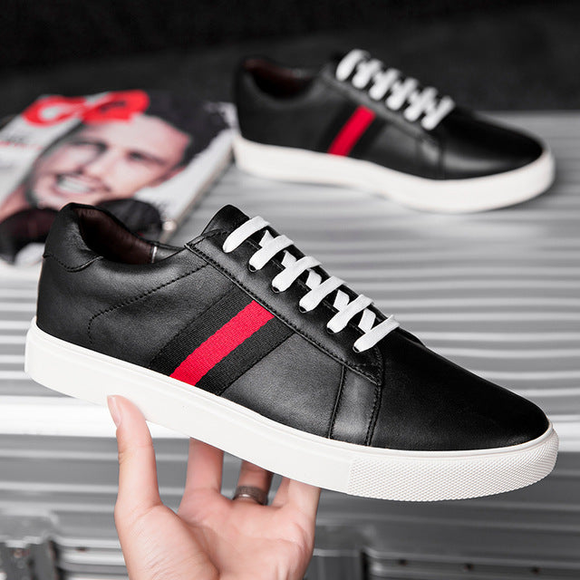 Black with Red Ribbon Casual Genuine Leather Men Sneaker