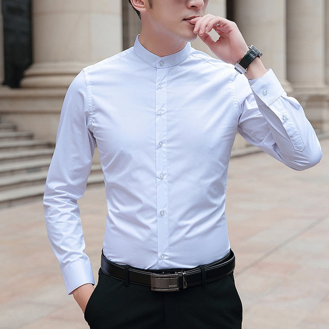 Mandarin Collar Cotton Solid Shirt