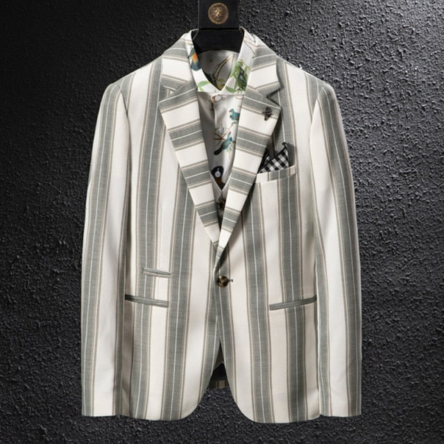 Plaid Style Stripe Pattern Single Button Blazer