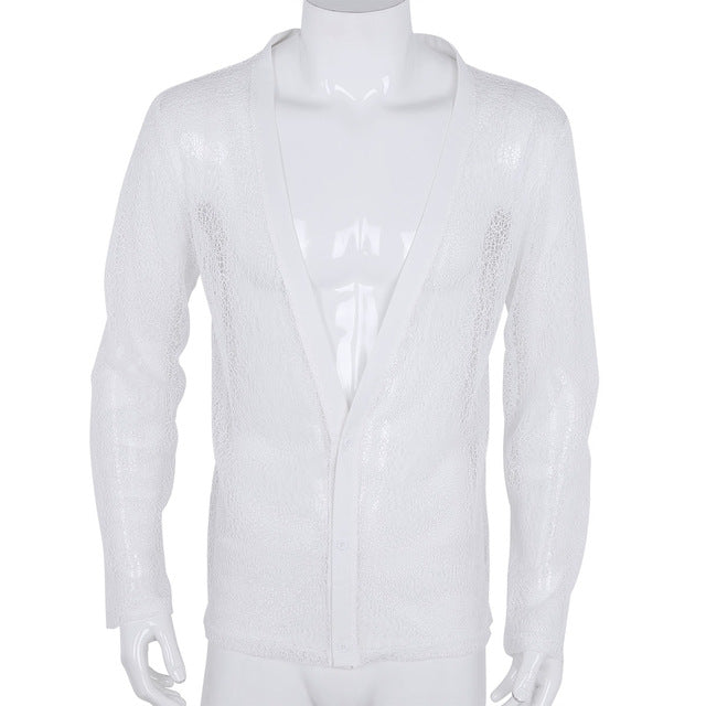 See Through Solid Hollow Out Mesh Casual Men Shirt