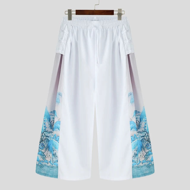 Printed On Side Loose Wide Leg Pants