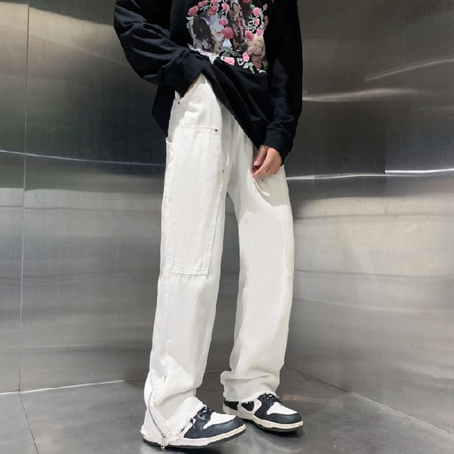Zipper Straight Loose Clean White Jeans