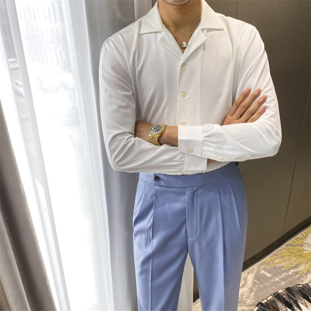 Basic Solid White Cuba Collar Style Shirt