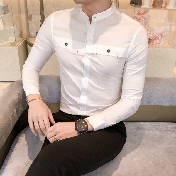 Casual Mandarin Collar Long Sleeve Solid Design Men Shirts