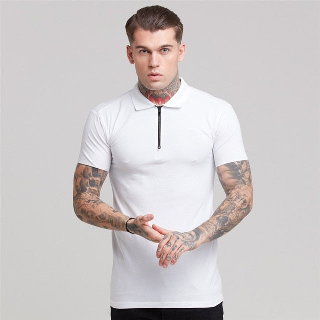 Solid Color Zippered Collar Men Polo Shirt