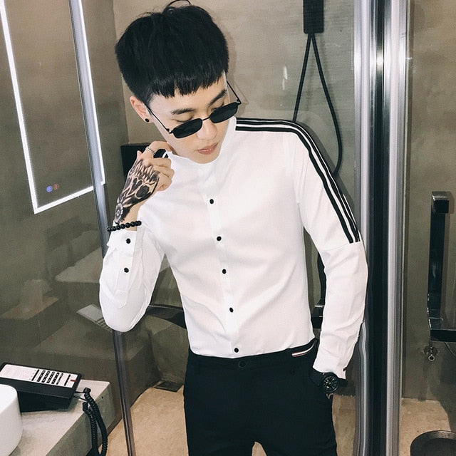 Korean Style with Contrast Shoulder Stripe Detail Men Slim Fit Shirt