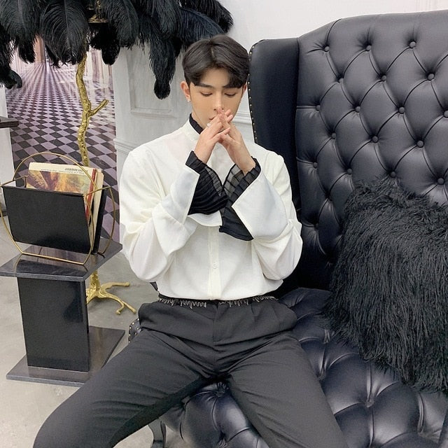 Gothic Black and White with Ruffle Lining Detail Men Shirts