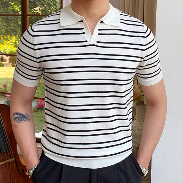 Knit Lapel Mannen Stripe Polo Shirt