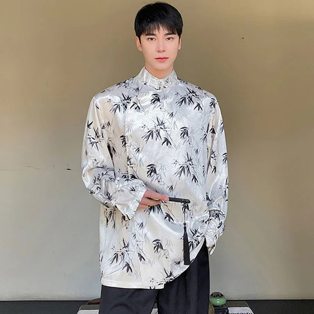 Leaves Printed Side Button Chinese Style Shirt