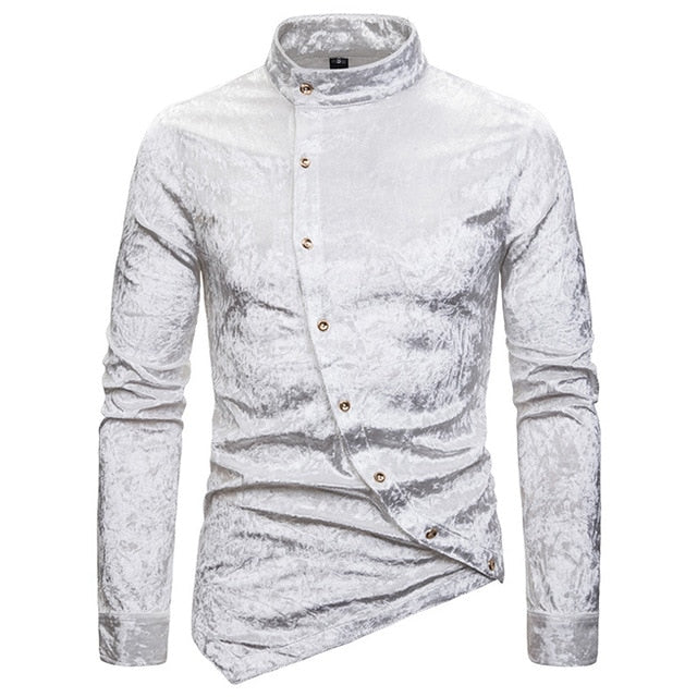 Crushed Velvet Men Asymmetric High Neck Shirt