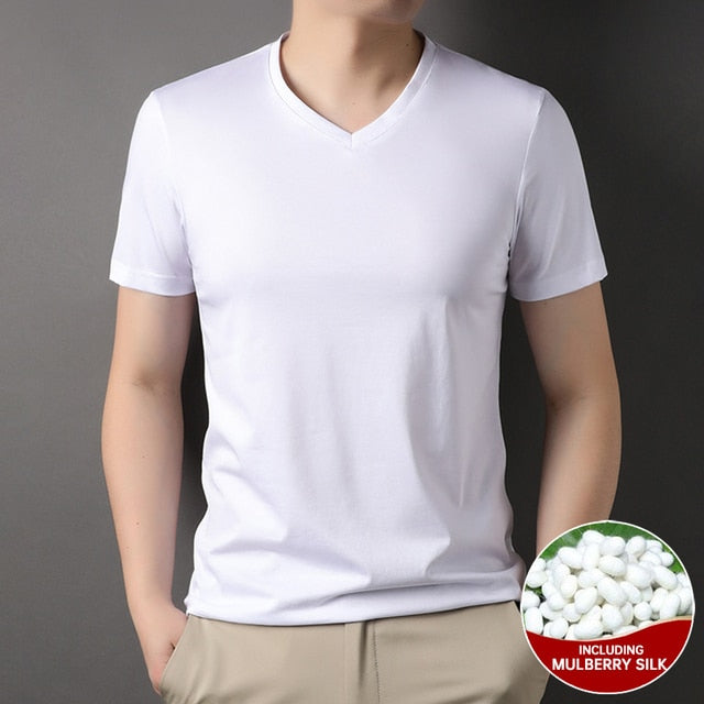 Mulberry Silk Solid V-Neck Smooth T-Shirt