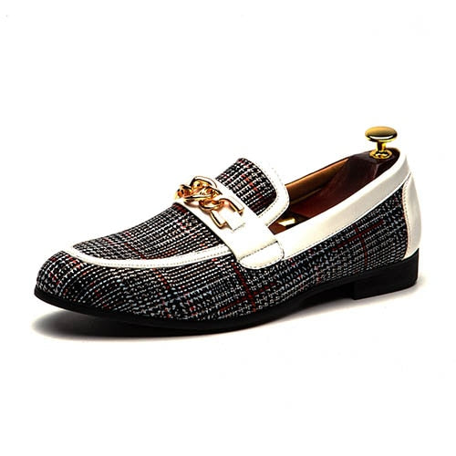 Luxury Plaid with Metal Chain Decoration Men Loafers Shoes