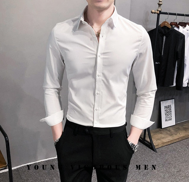 Plain Solid Color Long-Sleeved Shirt