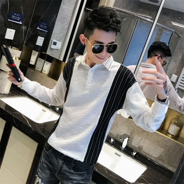 Patchwork Color Stripe Solid Casual Men Long Sleeves Pullover Shirt