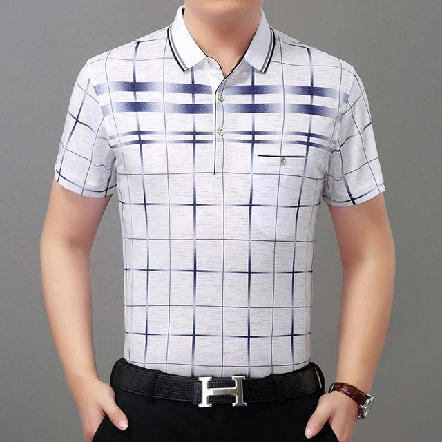 Lattice Plaid Printed Men Short Sleeve Polo Shirt