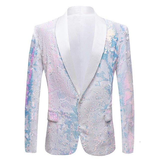 White Fantasy Sequins Prom Costume Slim Fit Style Men Blazer