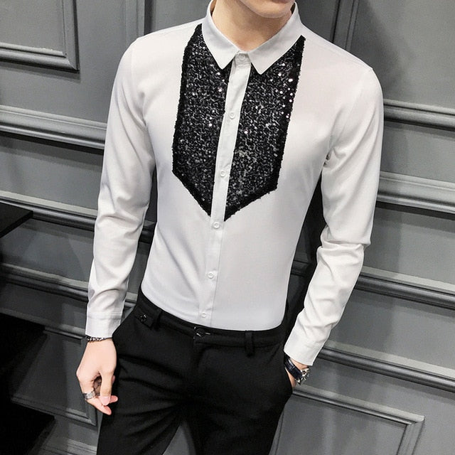 Chic Men Shirt Fashion Front Sequins Tuxedo Long Sleeve