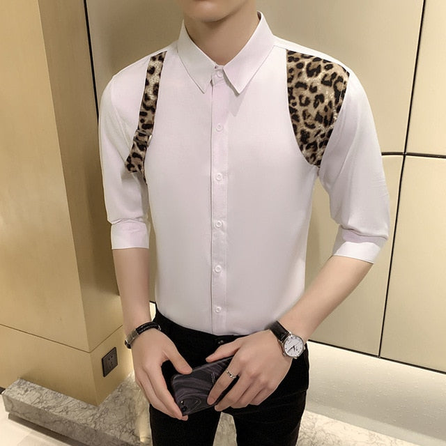 Leopard Print Patchwork Accent Men Monochrome Shirt