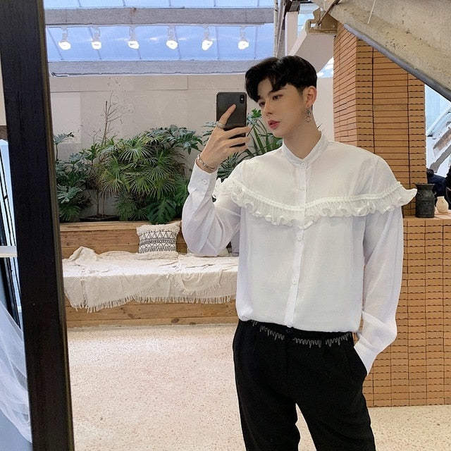 Spring New Vintage with Short Ruffle Chest Detail Men Dress Shirt