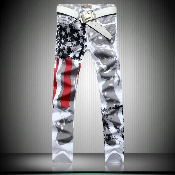 New White Grey with American Flag Print Men Jeans