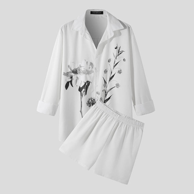 White Black Leaves Printed Long Sleeve Shirt Short Sets