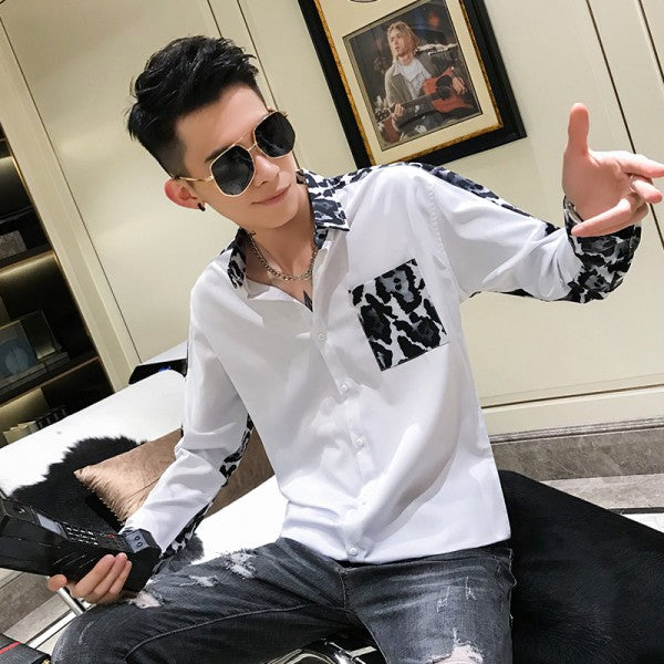 Splice Leopard Print Front Pocket Casual Style Men Shirt
