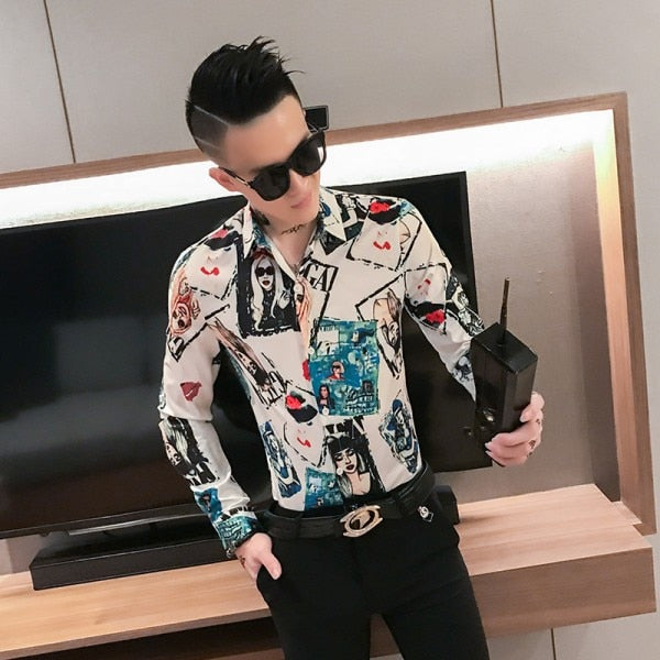 Cover Print Slim Fit Casual Style Men Long Sleeves Shirts