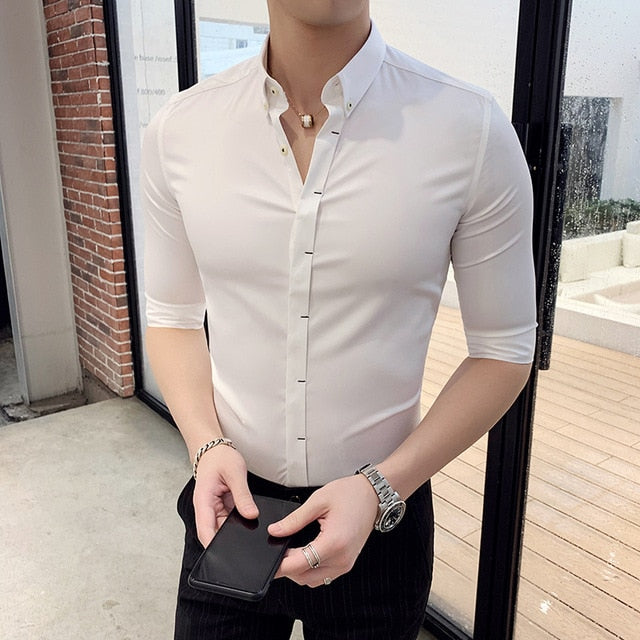 Pastel Colors Men Hidden Buttons Slim Fit Shirt