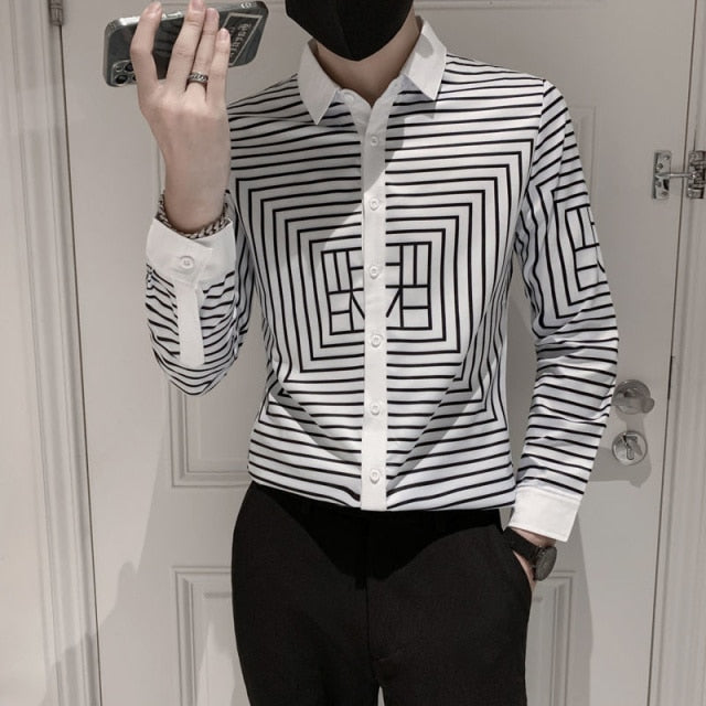 Black White Rectangle Lines Printed Long Sleeve Shirt