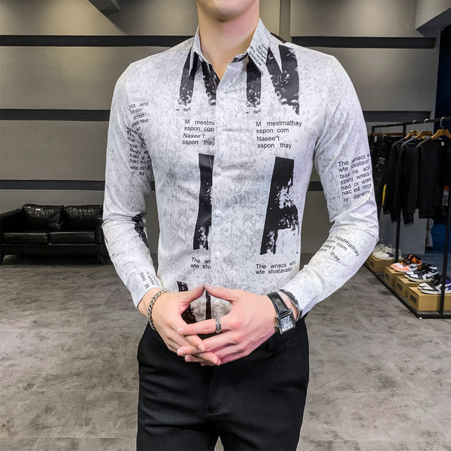Letter Print Slim Fit Long Sleeve Casual Office Wear Style Men Shirts