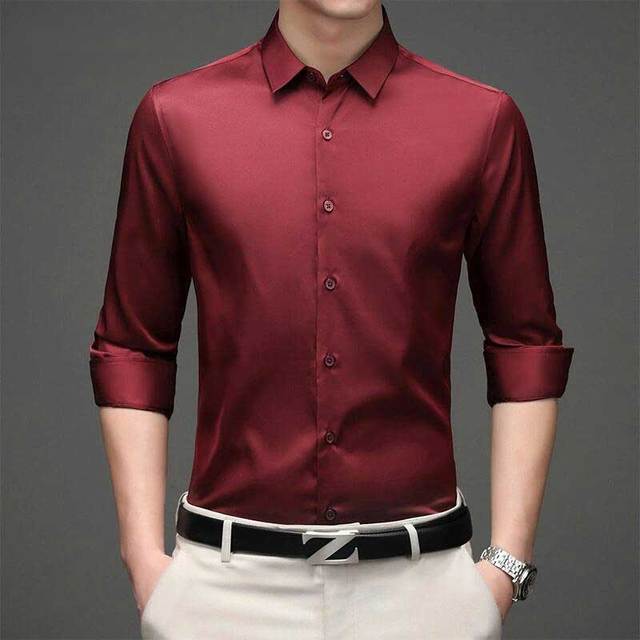 Solid Polyester Turn-Down Collar Men's Shirt
