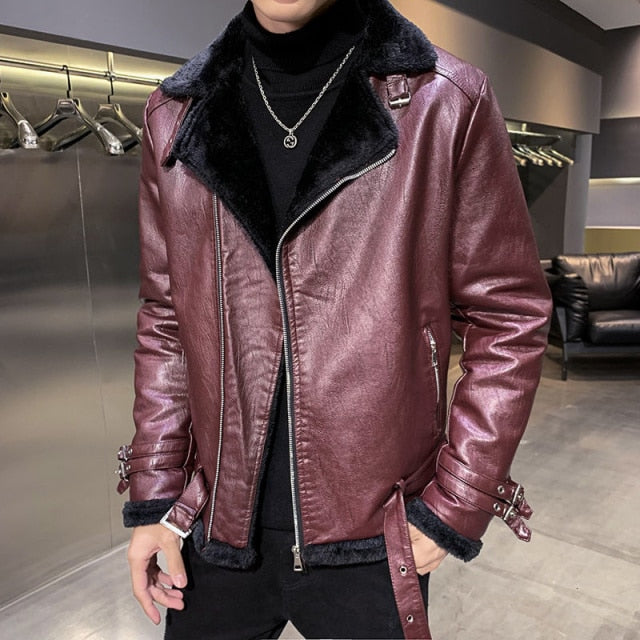 Classic Wine Color Faux Leather Jacket
