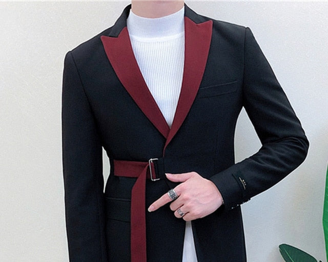 Asymmetrical Belt Accent Two Tone Men Blazer Suit