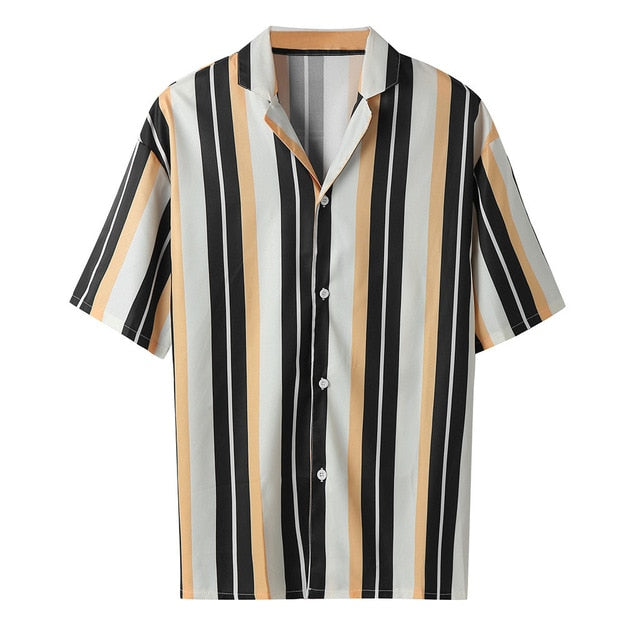 Striped Pattern Short Sleeve Hawaiian Style Men Shirt