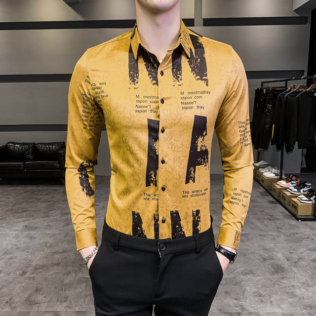Letter Print Slim Fit Long Sleeve Casual Office Wear Style Men Shirts