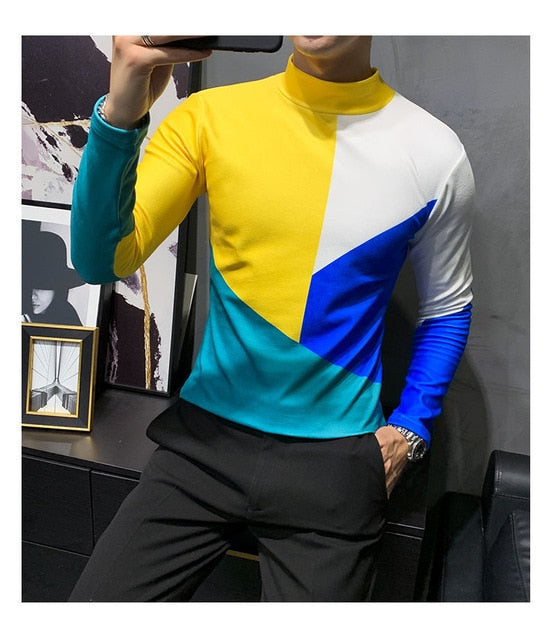 Abstract Multicolor Long Sleeve Turtleneck T-Shirt