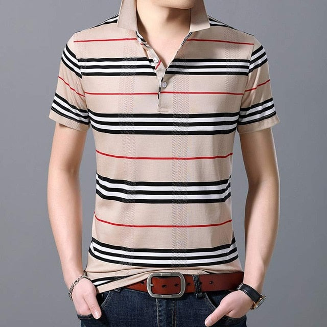 Horizontal Striped Plaid Combination Short Sleeve Men Polo